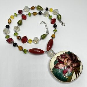 Artisan Handcrafted Floral Enamel Cloisonne Pendant Glass Beaded Necklace